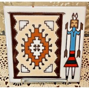 Masterworks Handcrafted Southwestern Warrior Rug Ceramic Trivet 6” Tile (read)
